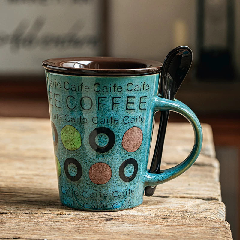 McColin Blue Ceramic Latte Mug with Lid and Spoon