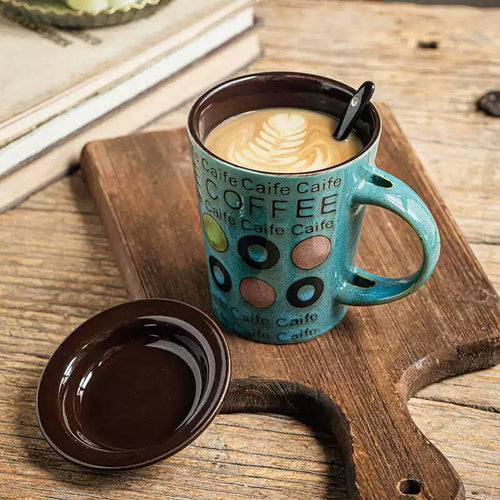 McColin Blue Ceramic Latte Mug with Lid and Spoon